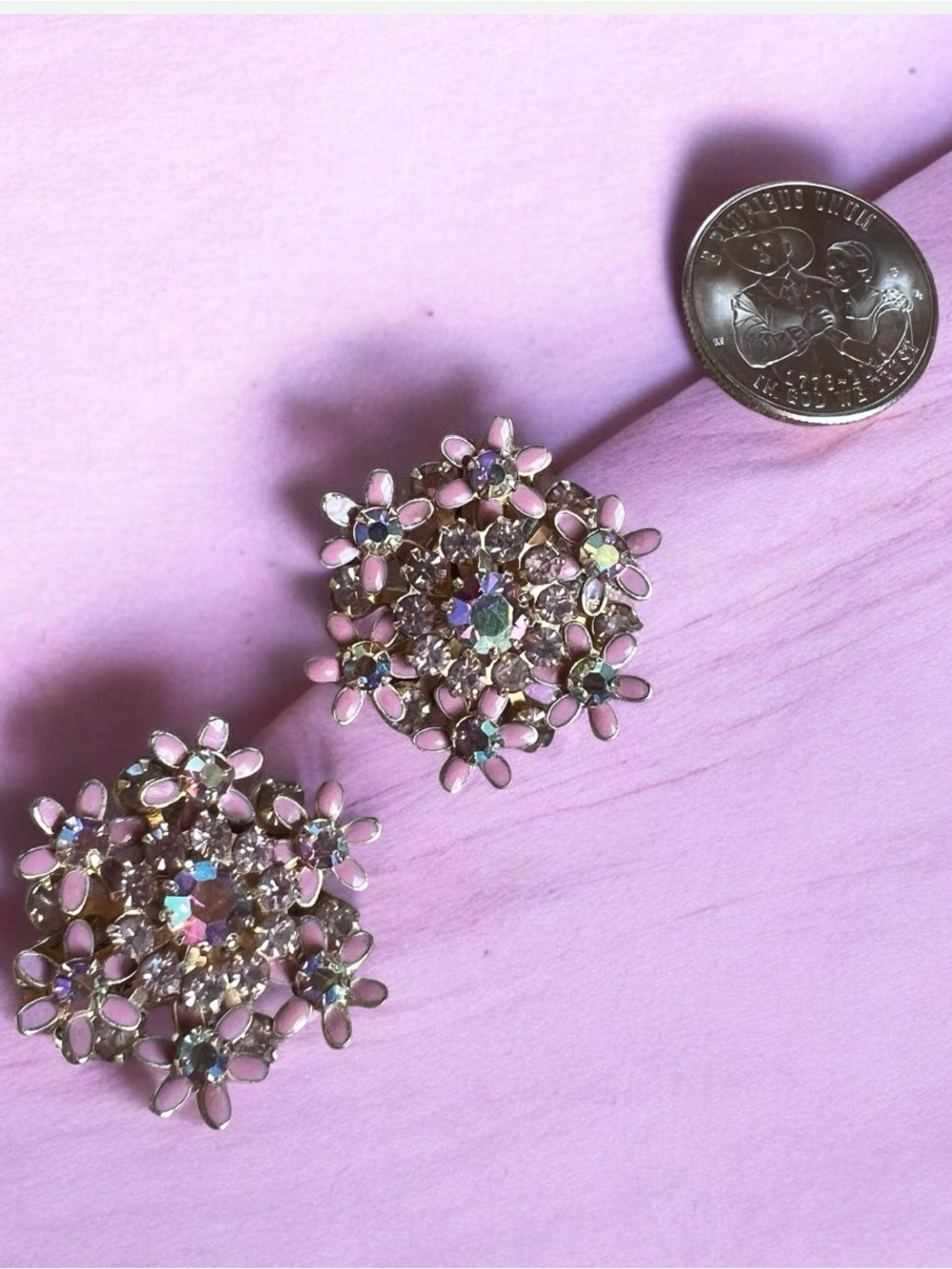 Albert Weiss Pink Floral Aurora Borealis Crystal Cluster Earrings